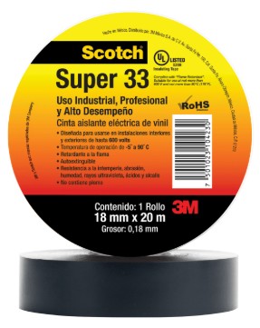Cinta aislante negra 3M Scotch Super 33 de 18 mm por 20 m para aislamiento eléctrico de hasta 600 V